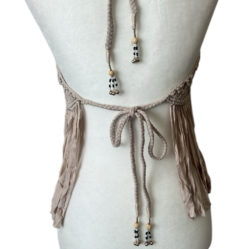 NWT POL Beige Macrame Fringe Halter Top Back Ties Beaded Trim Size Small - Picture 5 of 8